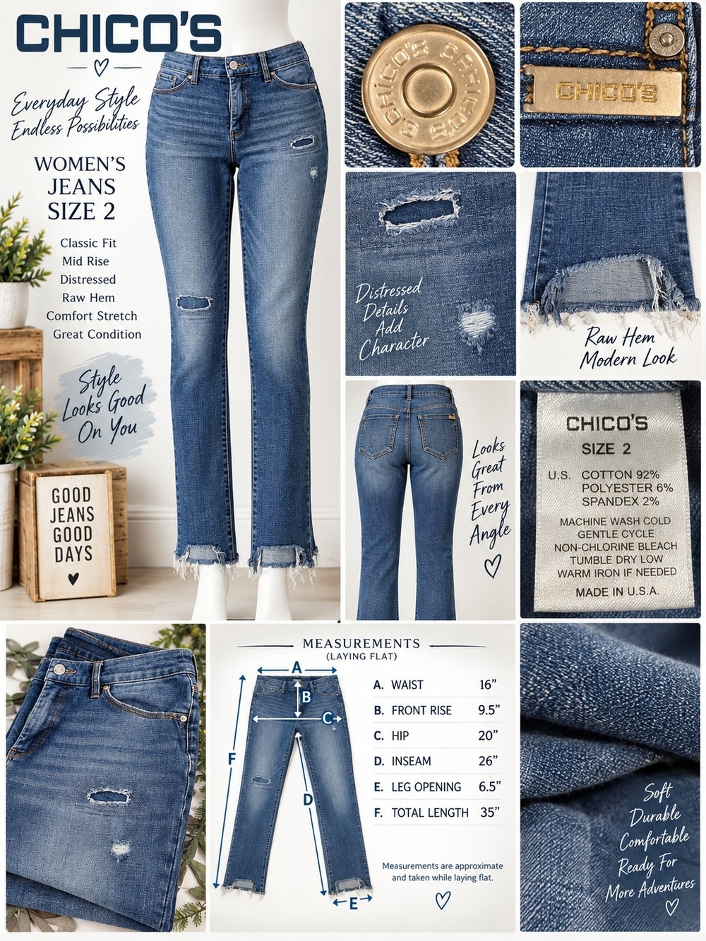 Chico's Mid-Rise Distressed Women's Jeans - Size 2 - Blue